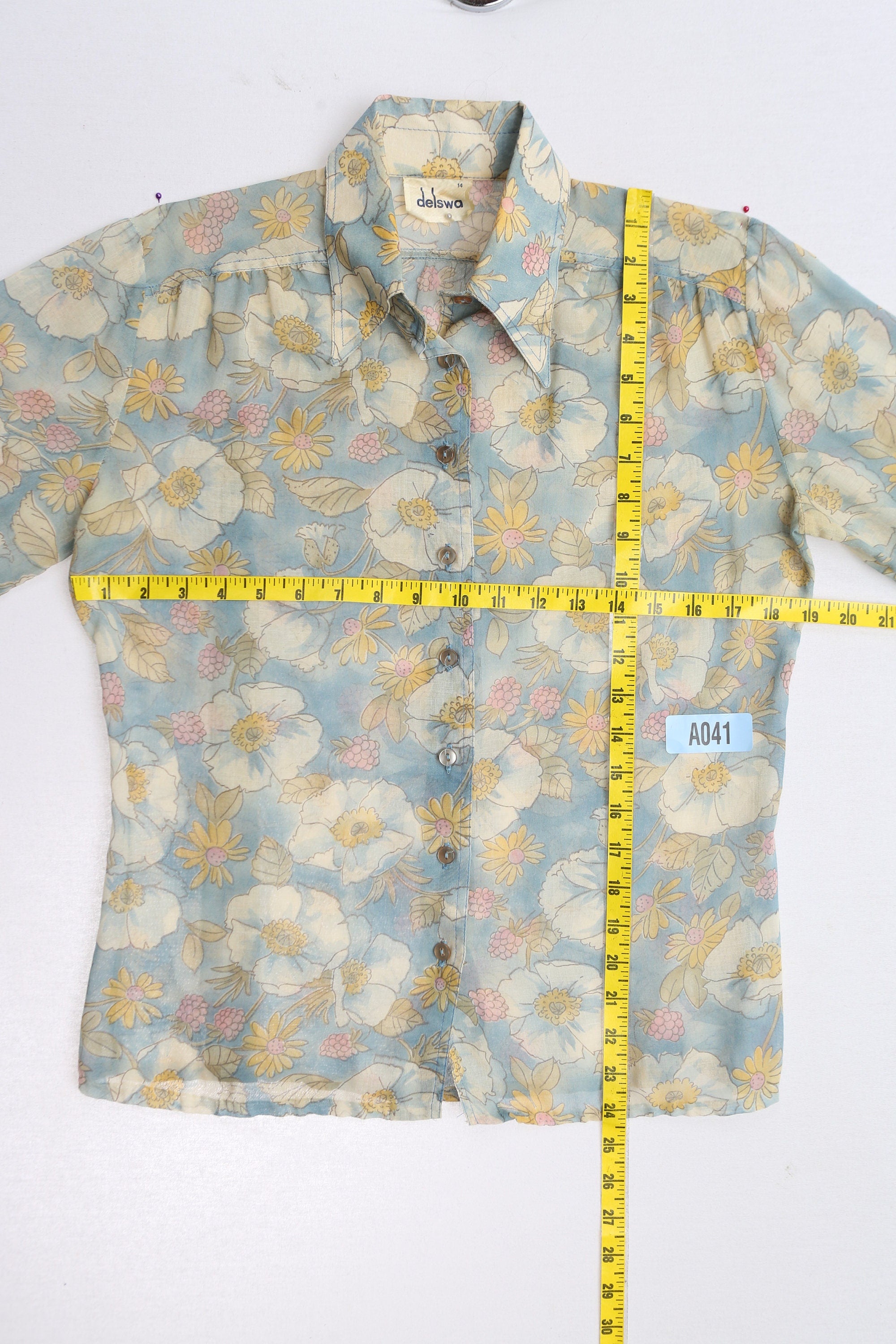 1970's Women Floral Print Blue Summer Blouse